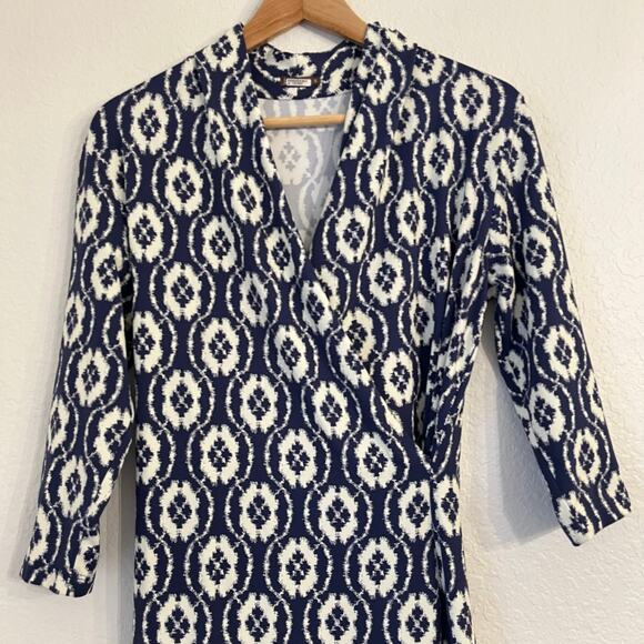 J. McLaughlin Catalina Cloth Faux-Wrap Dress Small Navy Geometric Office Stretch - Picture 2 of 13